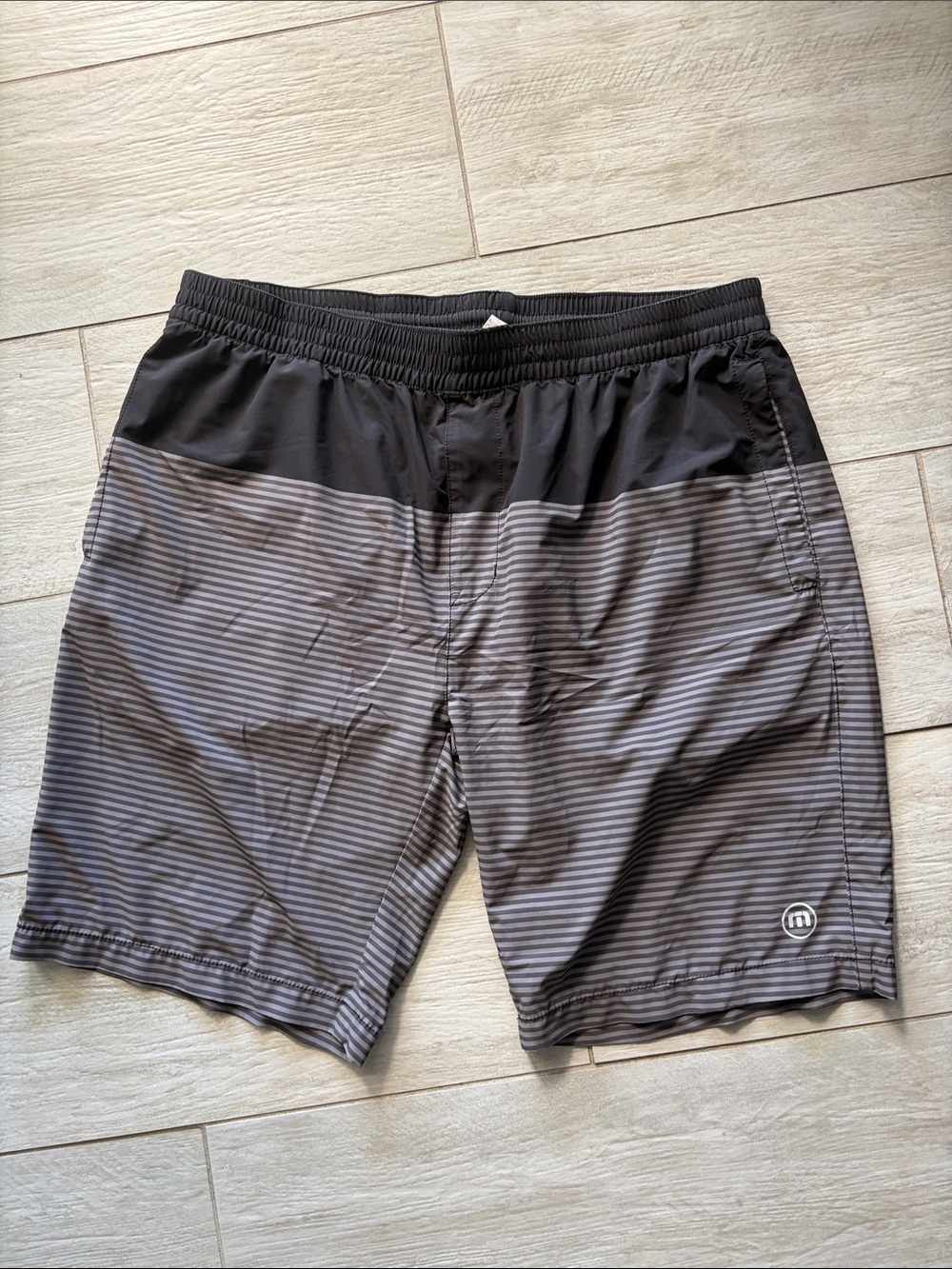 Travis Mathew Black and Gray Striped Men's Swim Board Shorts